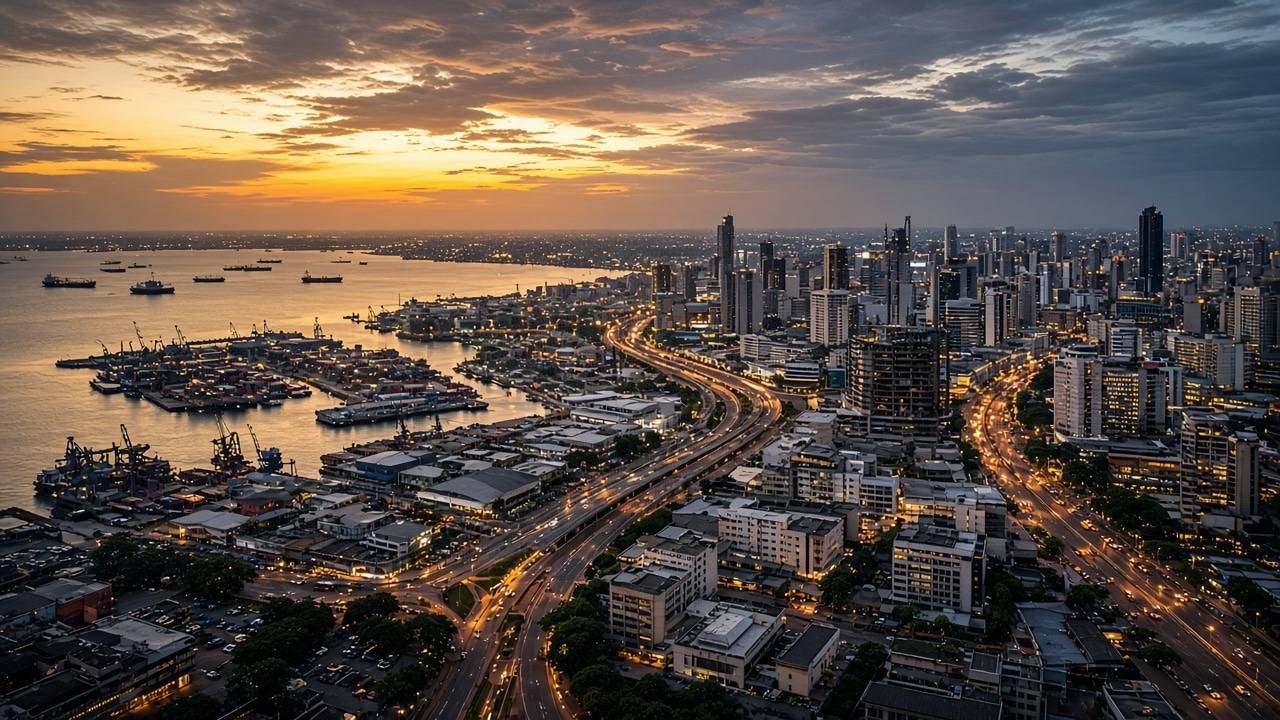Aerial view of a West African commercial district used to frame a multi-city entry decision