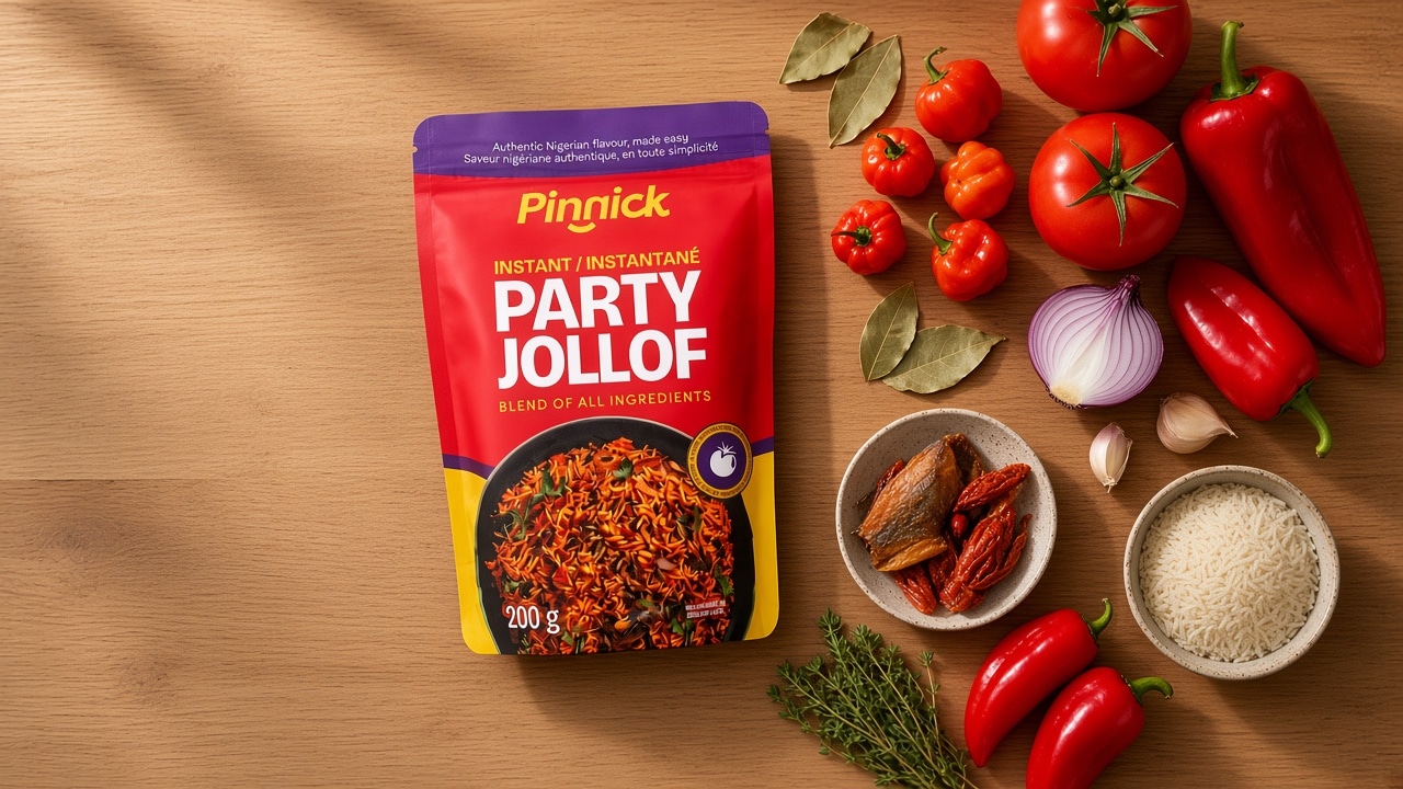 Pinnick Instant Party Jollof pouch styled as a product flat lay with fresh tomatoes, peppers, onion, and herbs